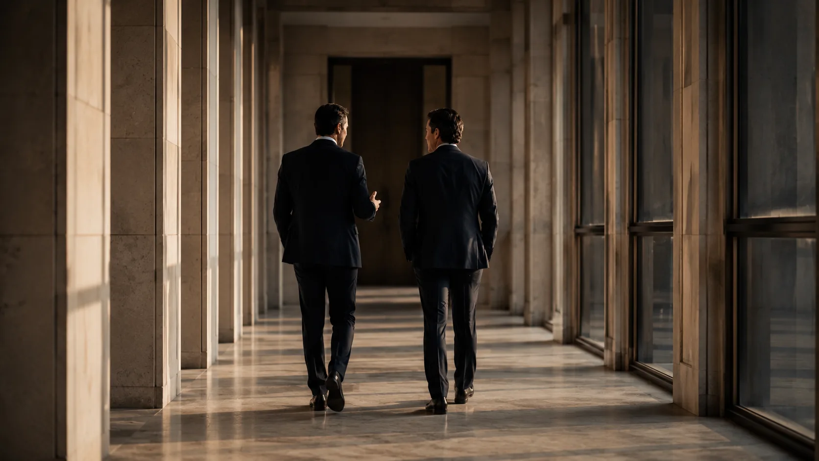 Deux collaborateurs en conversation dans un couloir, lumière naturelle